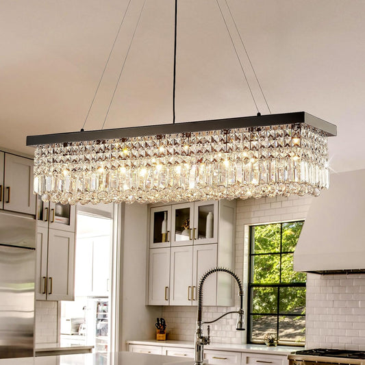 8 Light Modern Crystal Chandelier for Dining Room,Rectangular Rectangle Raindrop Crystal Light Fixture,Height Adjustable for Kitchen Island L40''xW10''xH10''