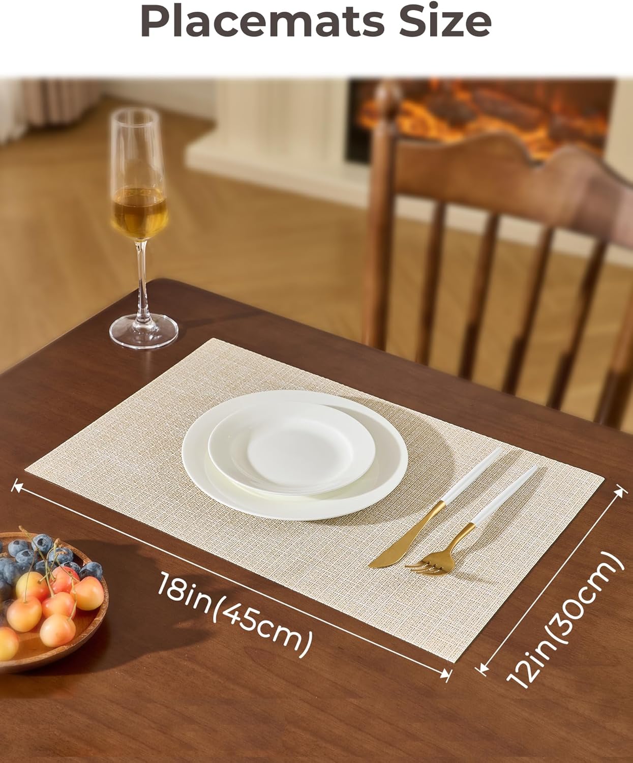 Leetaltree Beige Placemats Set of 12 - Heat Resistant Non-Slip Place mats for Dining Table, Washable Durable PVC Vinyl Woven Table Mats（Beige, 12）