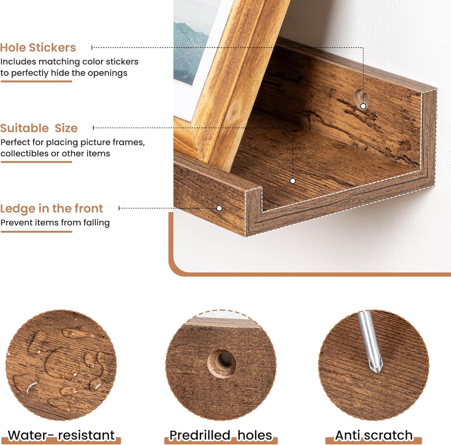 Fun Memories Picture Ledge Shelves Set of 2, 48 Inch Rustic Wall Mounted Floating Shelves with Lip for Home Storage and Décor in Bathroom, Kitchen, Nursery, Bedroom, Living Room, Brown