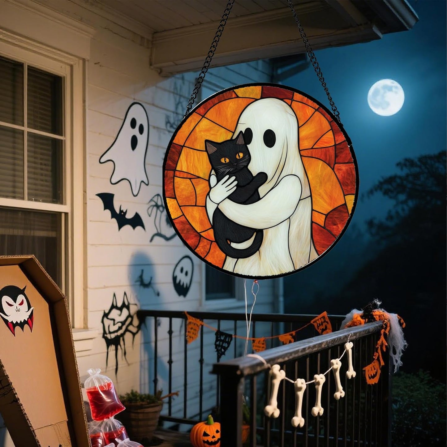 Stained Glass Window Hanging - Halloween Decorations White Ghost Black Cat Suncatcher for Doors Garden Spooky Funny Orange Sun Catchers Gothic Decor Horror Gifts for Women Men Friend 7.8 in