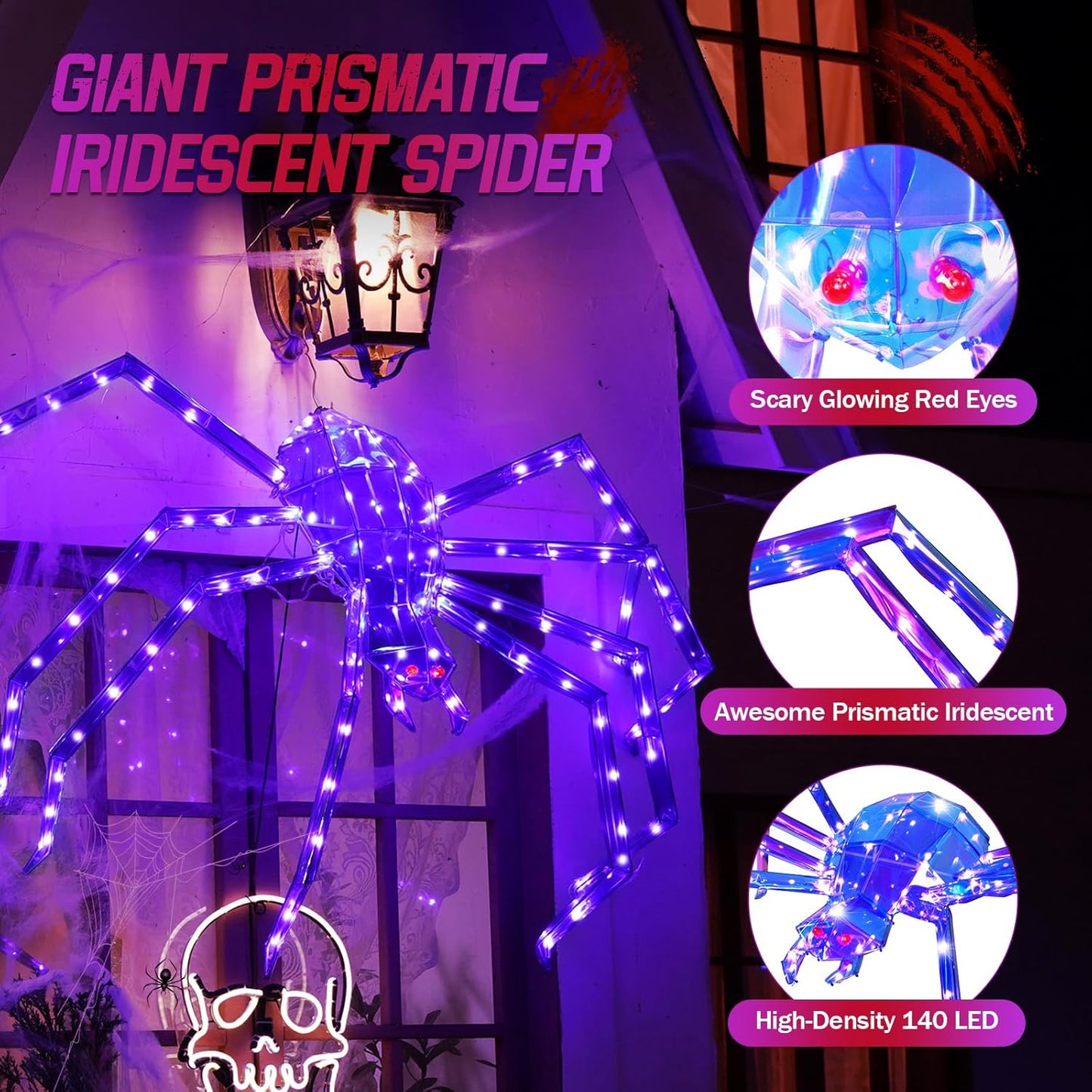 Prismatic Iridescent Giant Spider, 52" Pre-lit Large Outdoor Scary Prismatic Spider Decorations for Halloween 140 LED Light Up Giant Spider Outdoor Halloween Decorations for Garden, Yard, Porch