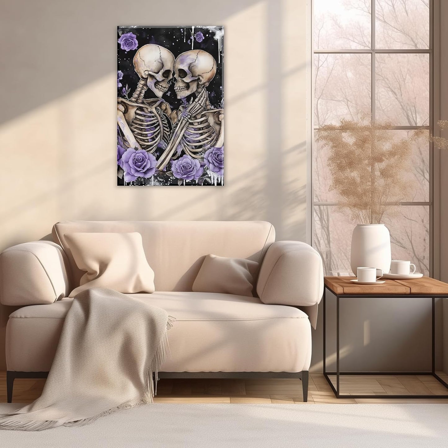 Skull Canvas Wall Art Couple Skeleton Holding Each Other Picture Art Poster Abstract Lover Painting Modern Artwork Horrible Halloween Decor(Artwork-2,28"x42")