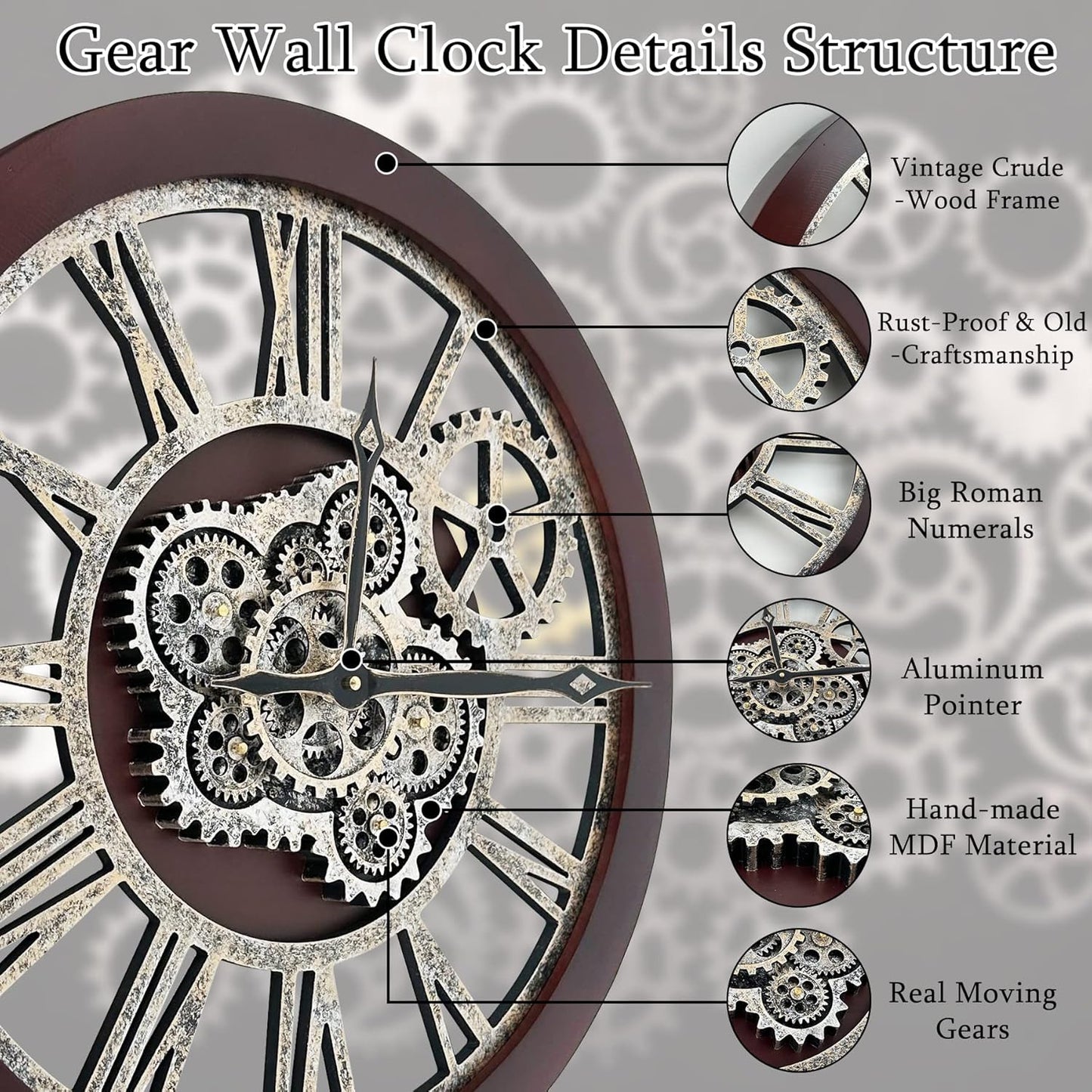 HOIBAI Wall Clock, Clocks for Living Room Decor 20 Inch Big Moving Gears Clock Farmhouse Vintage Rustic Wall Clock Vintage Roman Oversized for Home Bedroom House Kitchen Wall Decor