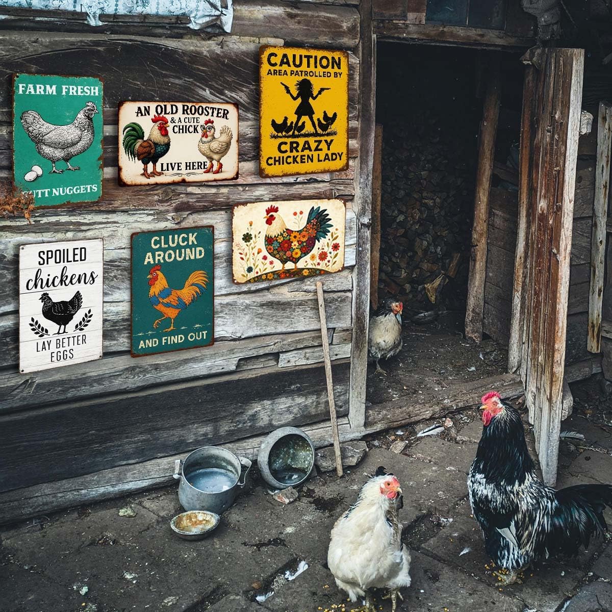 6 Pack Chicken Coop Signs – Vintage Farm Accessories Funny Metal Tin Signs for Outdoor Chicken Coop Decor, Farmhouse Wall Art, Rustic Barn Yard Decorations, 8x12 Inch