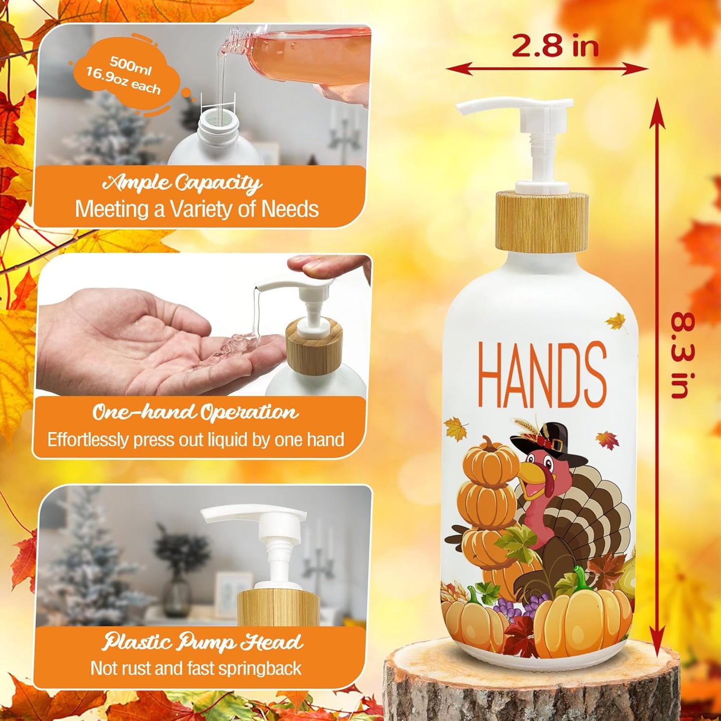 Hexagram Thanksgiving Decorations Indoor, Thanksgiving Kitchen Soap Dispenser Set of 2, Turkey Glass Soap Dispenser for Home Decor, Turkey Refillable Lotion Essential Oil Dispensers with Pump