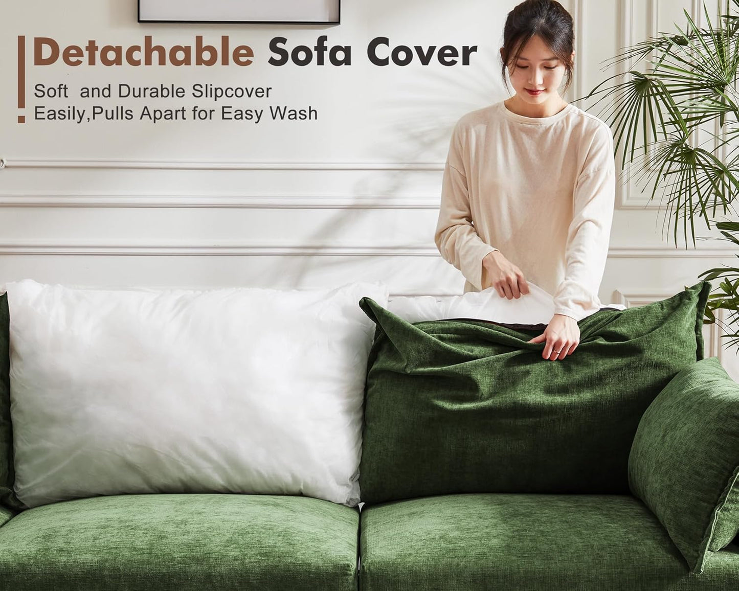 134.6" Modular Sectional Sofa, Oversized 4 Seater Green Couch with Removable Chenille Fabric Cover, Deep Seat & High Backrest for Living Room, Office & Apartment