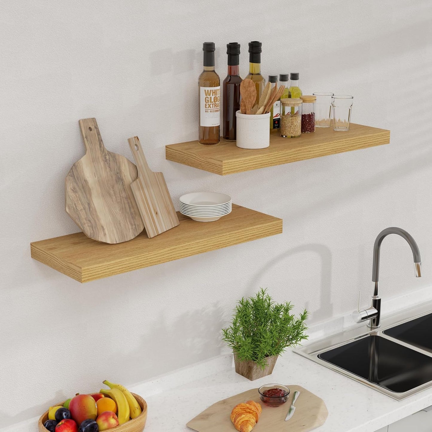 24 x 9 Floating Shelves, 9 Inch Deep Floating Shelf Wall Mounted, 24 Inch Bathroom Shelves Set of 2, Rustic Wood Wall Shelf for Bedroom, Living Room, Oak Color