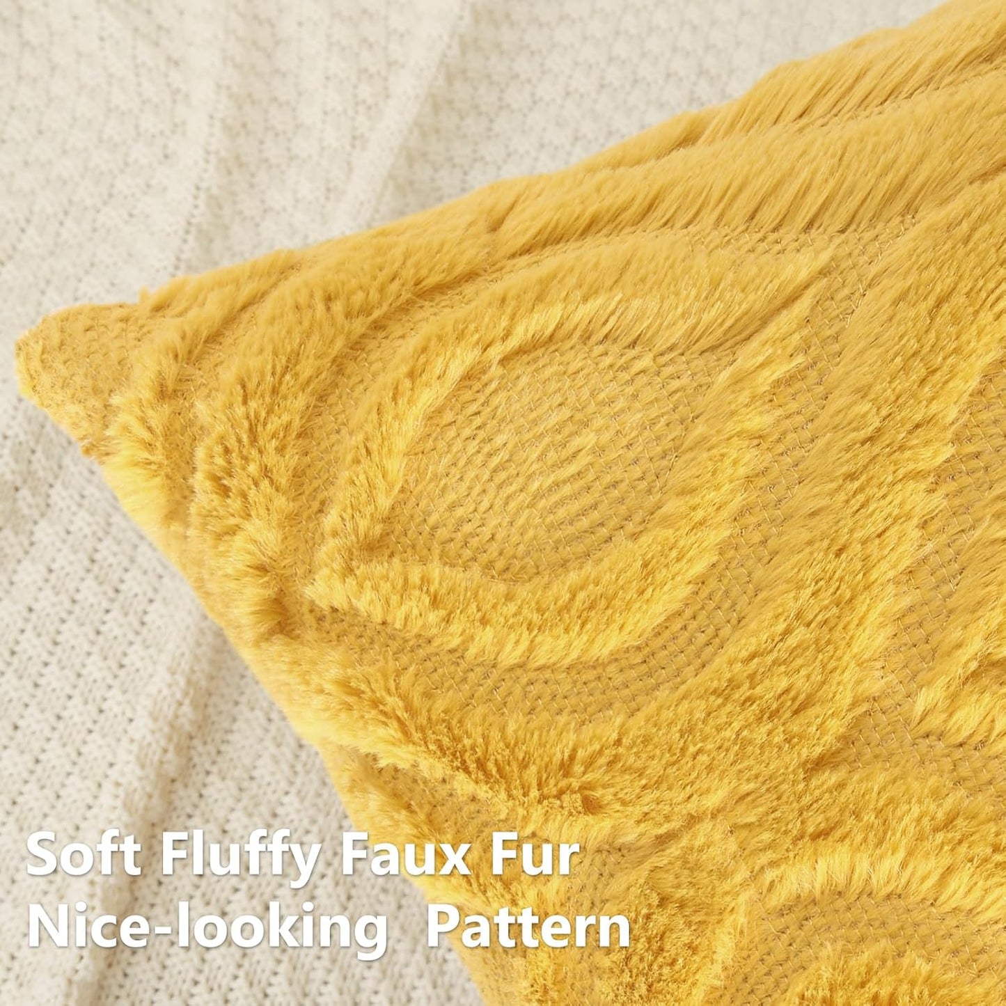 decorUhome Throw Pillow Covers 18x18 Inch Set of 2, Soft Plush Decorative Faux Fur Mustard Yellow Solid Couch Pillow Covers, Accent Farmhouse Neutral Square Euro Pillow Cases for Sofa Bed Living Room