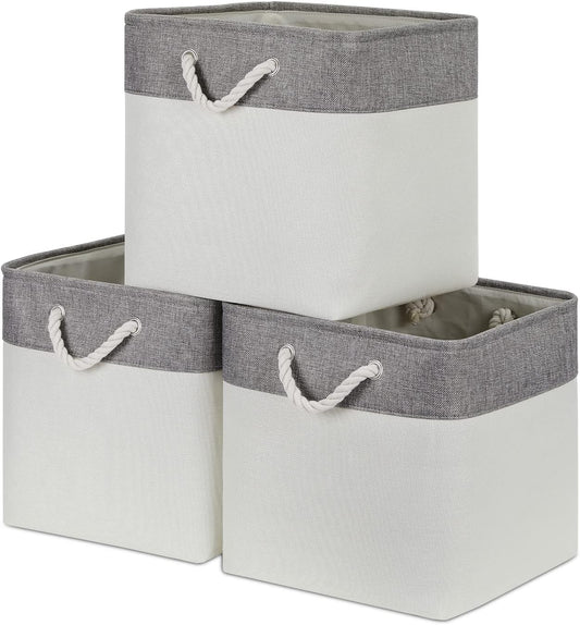 Bidtakay Fabric White Baskets for Shelves Set of 3 Cube Storage Large Organizer Bins 13x13 Closet Storage Bins for Home Office Nursery Collapsible Storage Bins for Organization
