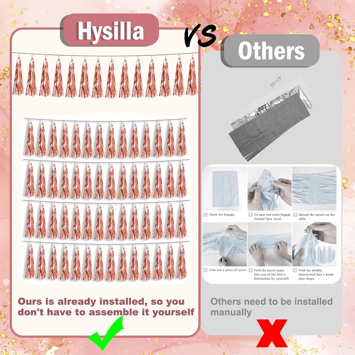 4P Rose Gold Foil Fringe Metallic Tassel Streamers Banner Tassel Garland for Parade Floats, Bachelorette, Wedding, Birthday, Halloween, Christmas, Bridal/Baby Shower Party Decorations