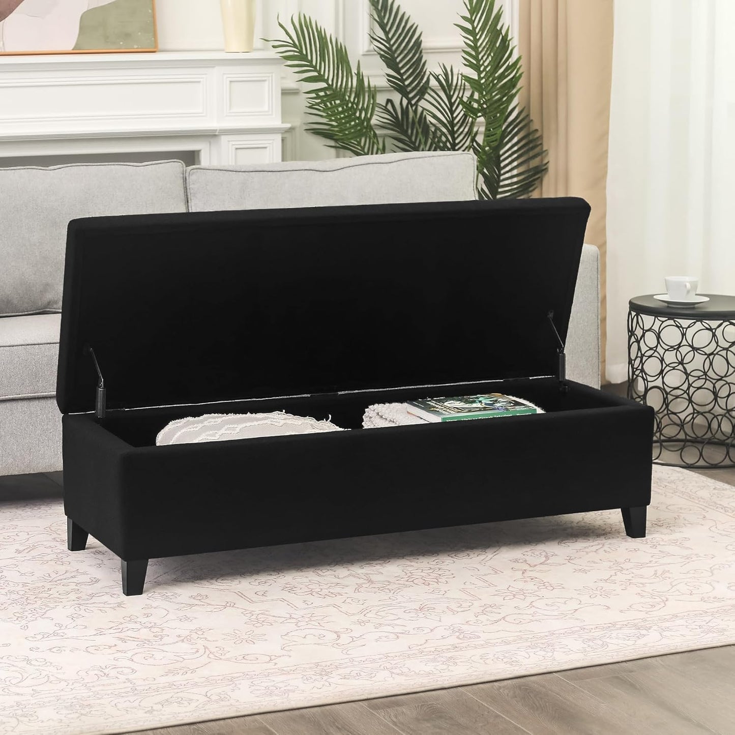 Joveco Storage Ottoman Bench, 51" Rectangle Long Bench, for Bedroom, End Foot of Bed, Living Room, Entryway, Line Black