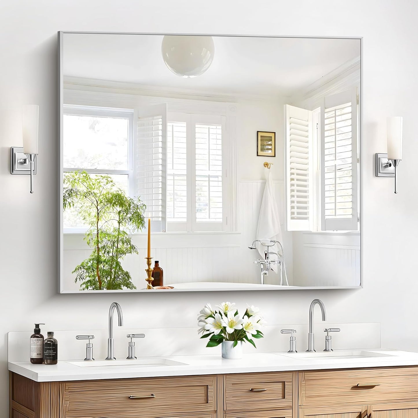 40x48inch Silver Bathroom Mirror, Silver Rectangle Mirror with Frame, Large Rectangular Wall Mirrors for Bathroom, Living Room, Hair Salon, Big Farmhouse Mirror Hang Horizontal/Vertical