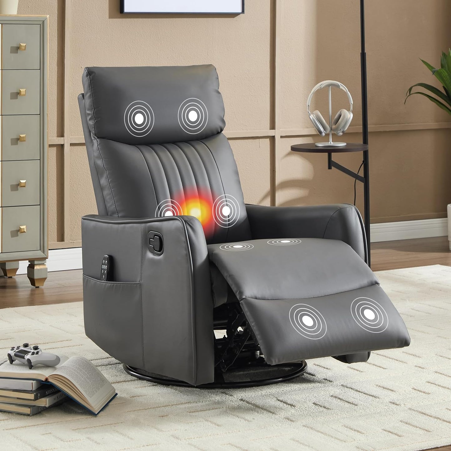 Manual Swivel Rocker Recliner Chair for Adults, Overstuffed Reclining Glider Chair for Nursing with Vibration Massage & Heat, Living Room Rocking Recliner 2-Stage backrest, Faux Leather Gray