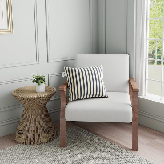 HNY Mid Century Armchair with Wood Frames, Linen Upholstered Living Room Arm Chair, for Living Room, Bedroom, Ivory
