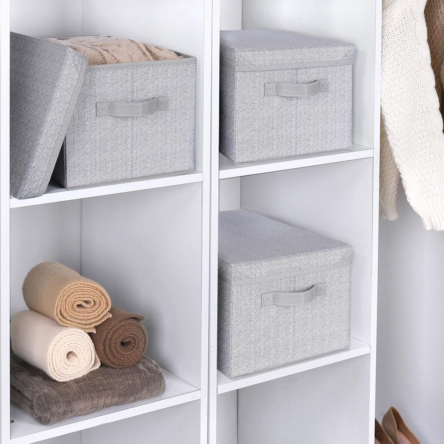 WUIKE 3 Pack Large Storage Bins with Lids, Fabric Closet Shelf Organizers, FoldableStorage Baskets with Cover for Bedroom, Herringbone Gray