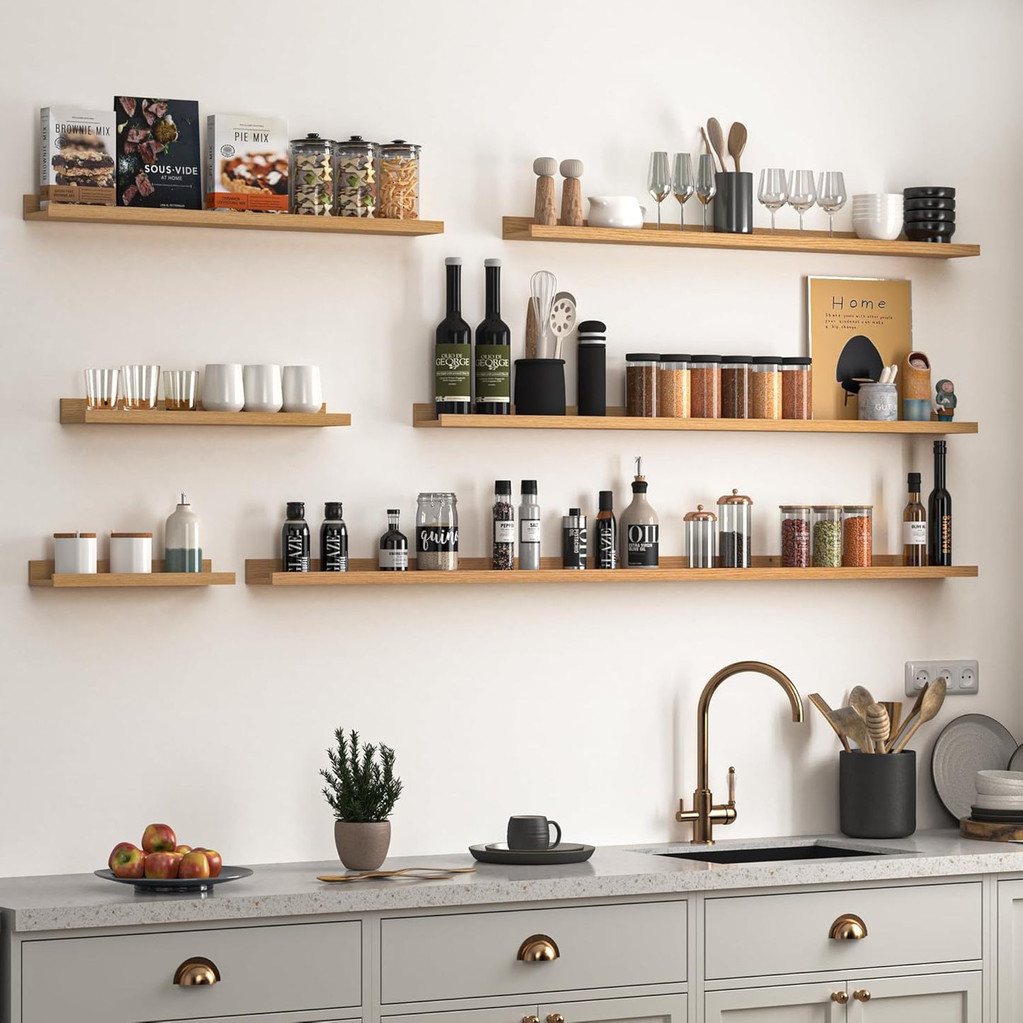 Heimlove Picture Ledge Shelf, Floating Shelves Set of 2, 72 Inches Long Large Picture Shelf for Wall with Ledge, Kids Bookshelf Wall Mounted for Living Room Bedroom Decor Books Photo Frames, Oak