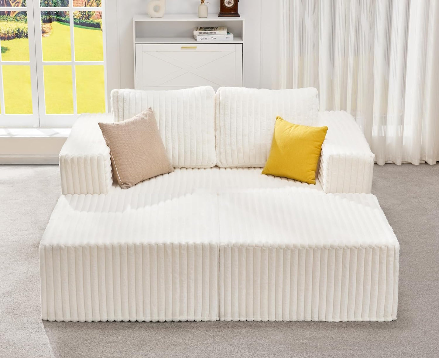 Hobestluk Modular Sectional Sofa Memory Foam Couch Sofa Bed Loveseat with Chaises Cloud Couch with Removable Cover Large Sectional Couches for Living Room (Strip White, Sofa Bed)