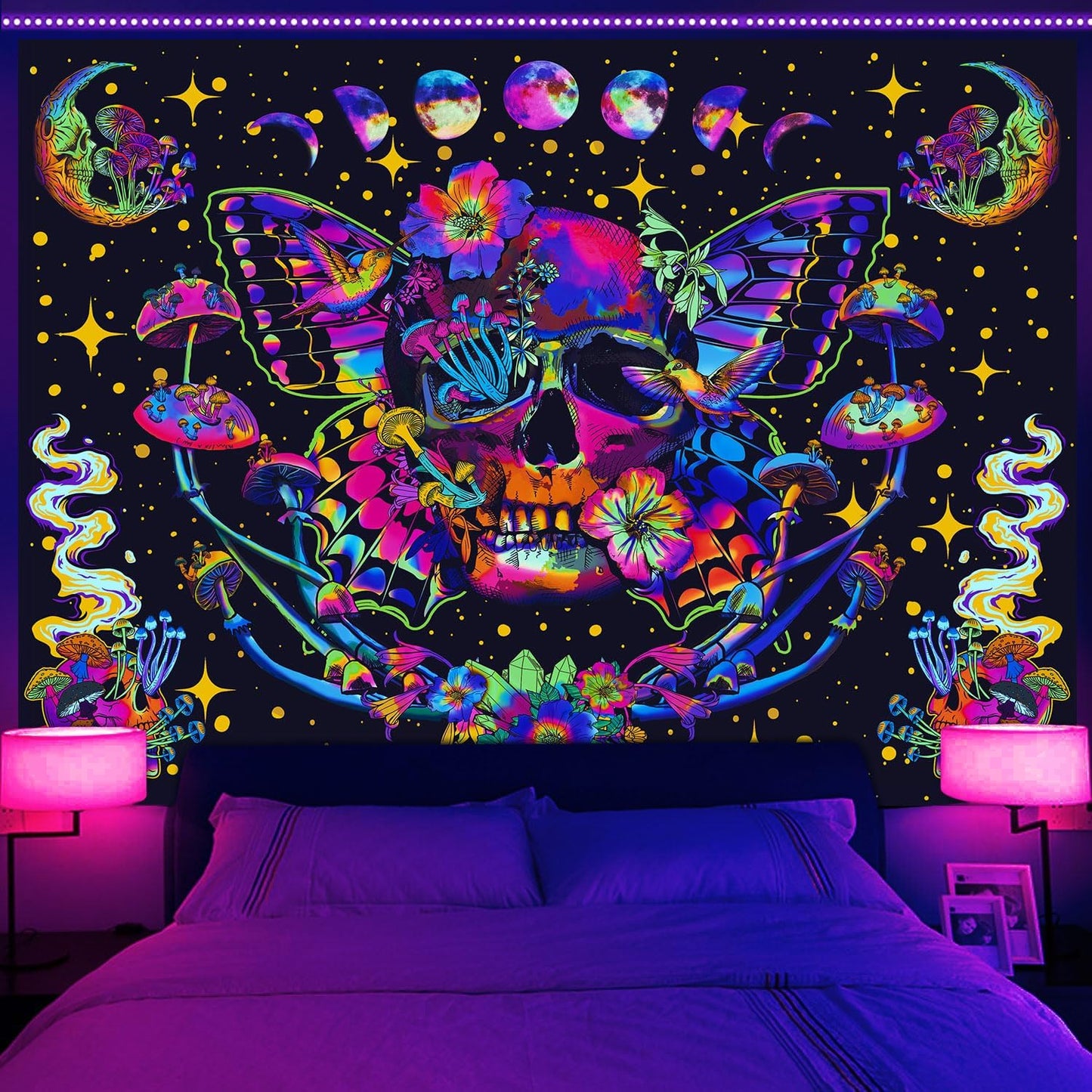 Xiaoput Blacklight Skull Tapestry for Bedroom & Living Room, UV Reactive Mushroom Butterfly & Moth Moon Flowers Tapestry, Hippie Skeleton Wall Hanging 90x70IN
