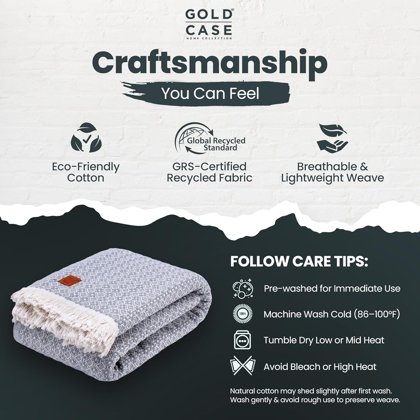 Gold Case Throw Blanket for Bed – 100% Recycled Turkish Cotton Bed Blanket – Decorative Throw Cotton Blankets for Living Room & Bedroom – Woven Twin Blankets - 71x90 - Grey