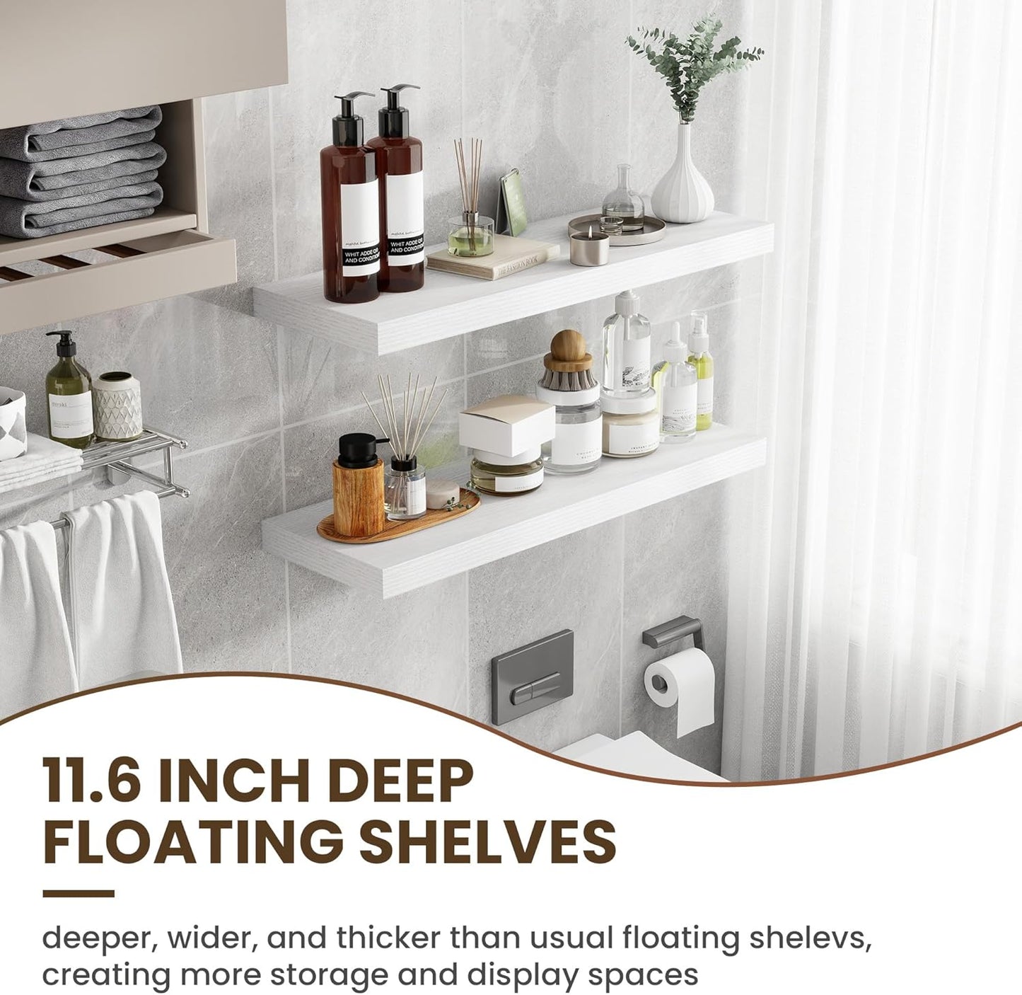 36 Inch Floating Shelves, 11.6 Inch Deep Floating Shelves for Wall, Floating Shelf with Invisible Brackets, Deep Shelves for Bathroom, Bedroom, Living Room, 2 Pack, White