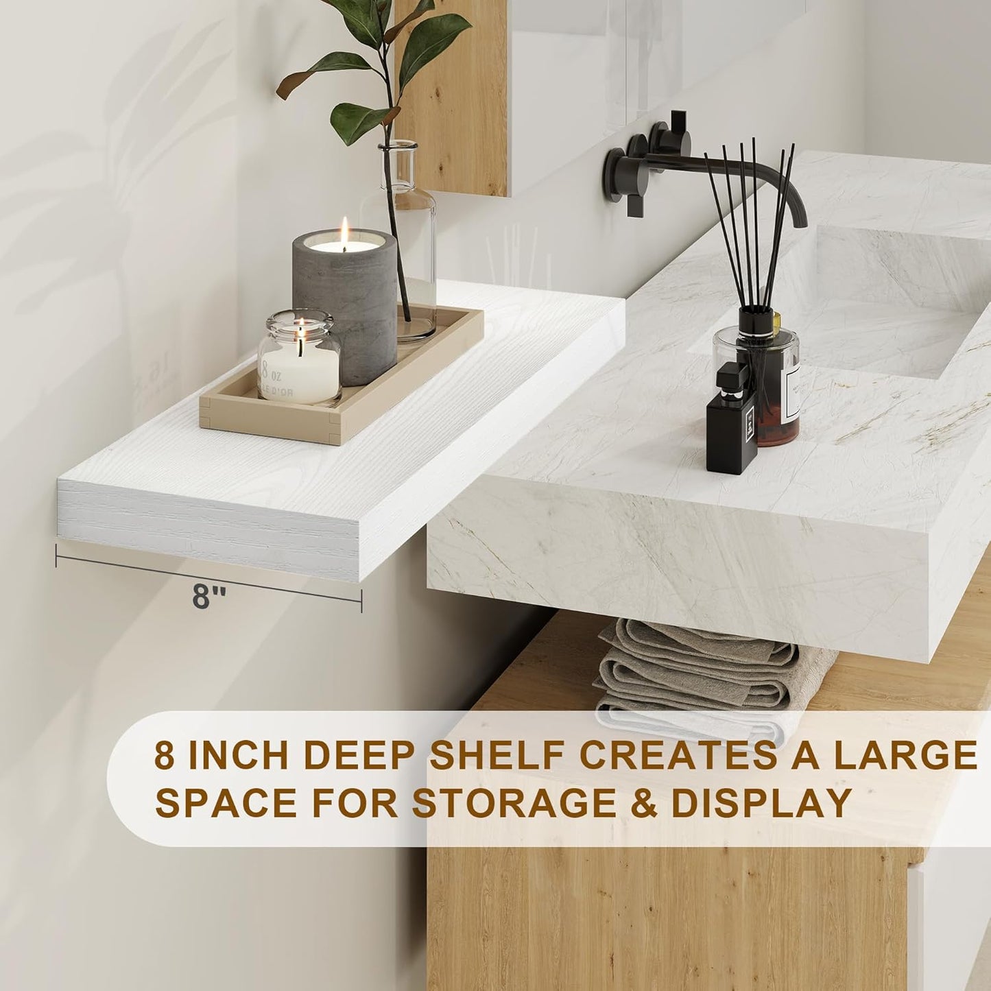 White Floating Shelves 48 Inch Long, 8 Deep Floating Shelves for Wall, Rustic 48" Long Fireplace Mantel, Large 48 x 8 Wall Shelves for Bedroom, Living Room, Bathroom, White Deep Shelves Set of 1