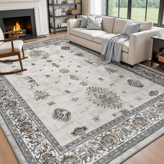 AMOAMI-Vintage Area Rug 5X7 Grey Rugs for Living Room-Soft Living Room Rug Non Slip Rugs for Bedroom Carpet Machine Washable Rug for Dining Room Bedside Office Room Decor