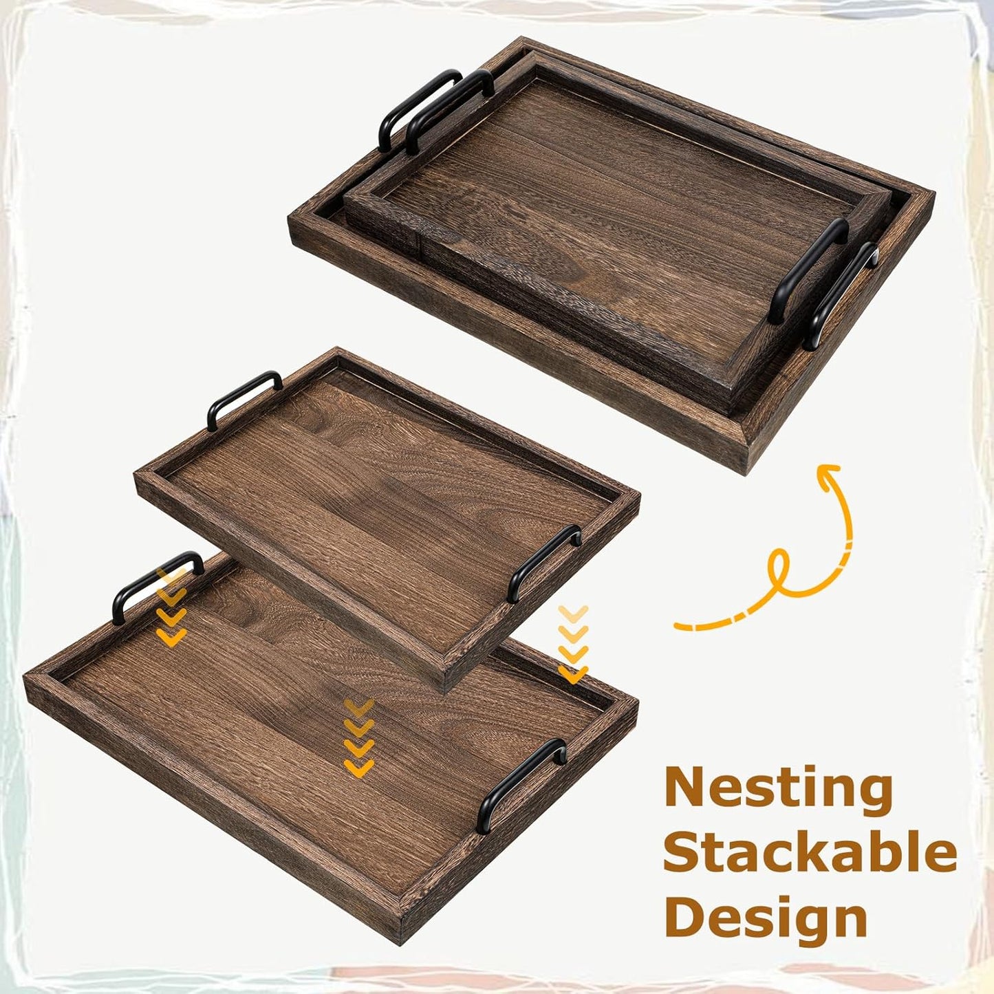2 Pcs Rustic Wooden Serving Trays with Handle Decorative Nested Vintage Wood Serving Tray Stylish Farmhouse Decor Servings Platters for Eating, Breakfast(Large 15.8x11.8x1.2 in, Small 13.4x9.4x1.2 in)