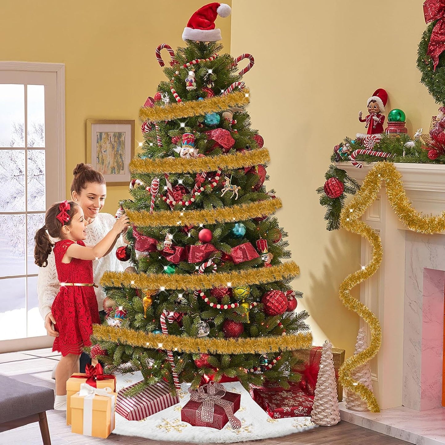 50 Feet Metallic Twist Tinsel Garland - Wall Hanging Backdrop for Parade Floats, Christmas Eve, New Year, Valentine's Day Parties (Champagne Gold, 2in x 50ft)