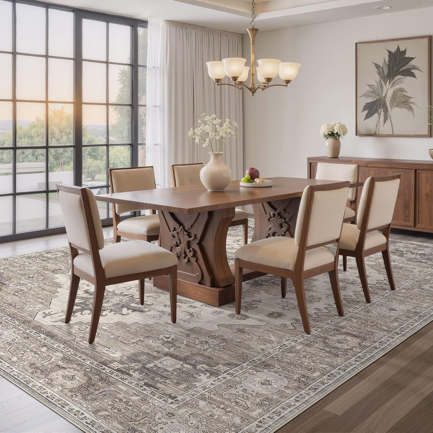 Washable Area Rugs for Living Room -8x10 Neutral Vintage Distressed Floral Farmhouse Boho Large Soft Floor Rug Indoor Non Slip Carpet for Living Room Bedroom Dining Room Office-Brown/Beige