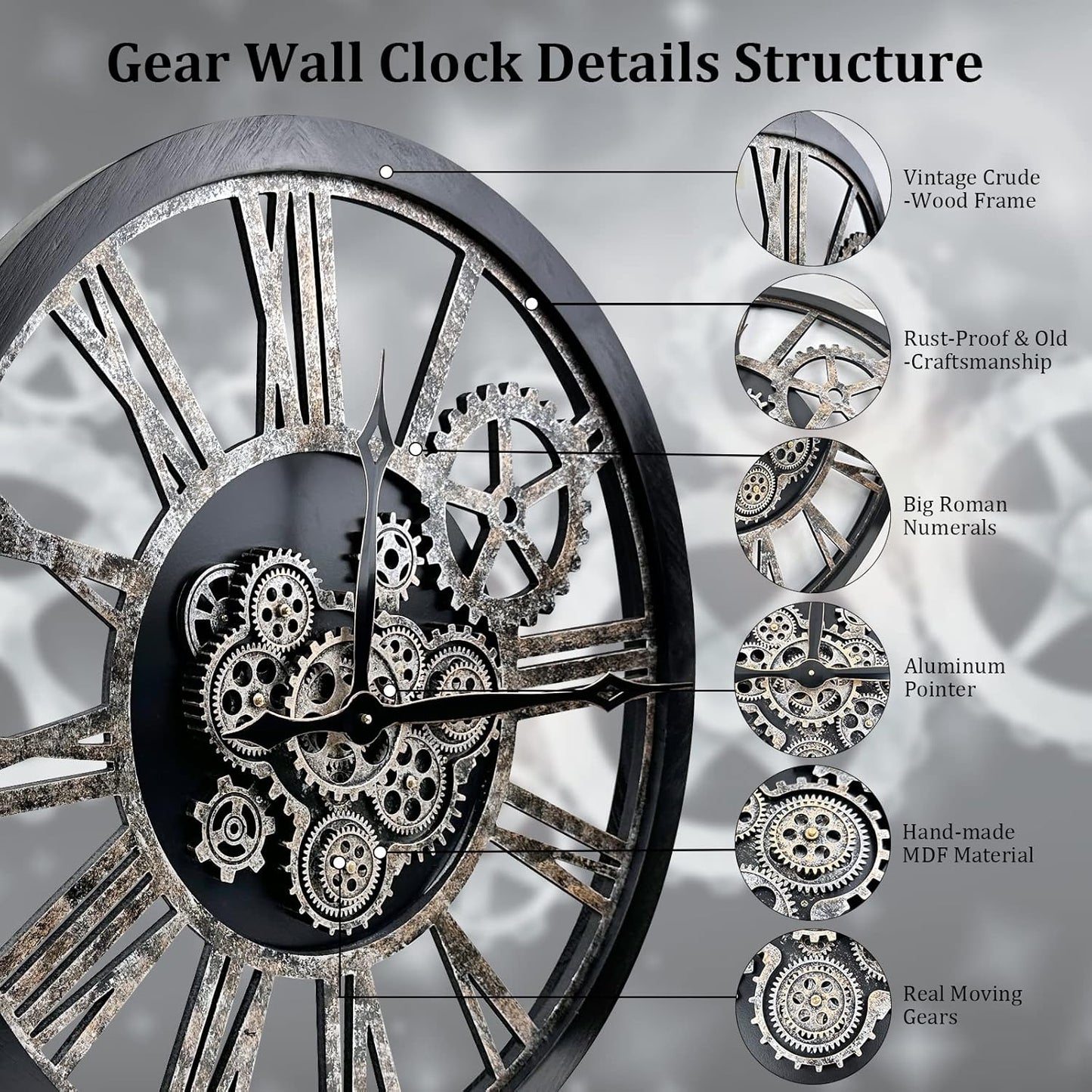 Large Wall Clock, Clocks for Living Room Decor Oversized 30 Inch Wall Decor Farmhouse Vintage Rustic Industrial Roman Big Chic Home Decor Wall Clock for House Bedroom Office, Moving Gears Clock