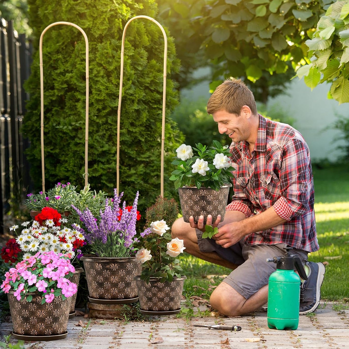 8 Inch Planter Pots for Plants, Plastic Flower Pots Indoor Outdoor, 5 Pack Resin Plant Pot with Drainage & Saucer, Retro Decorative Garden Pot with Removable Trays for House