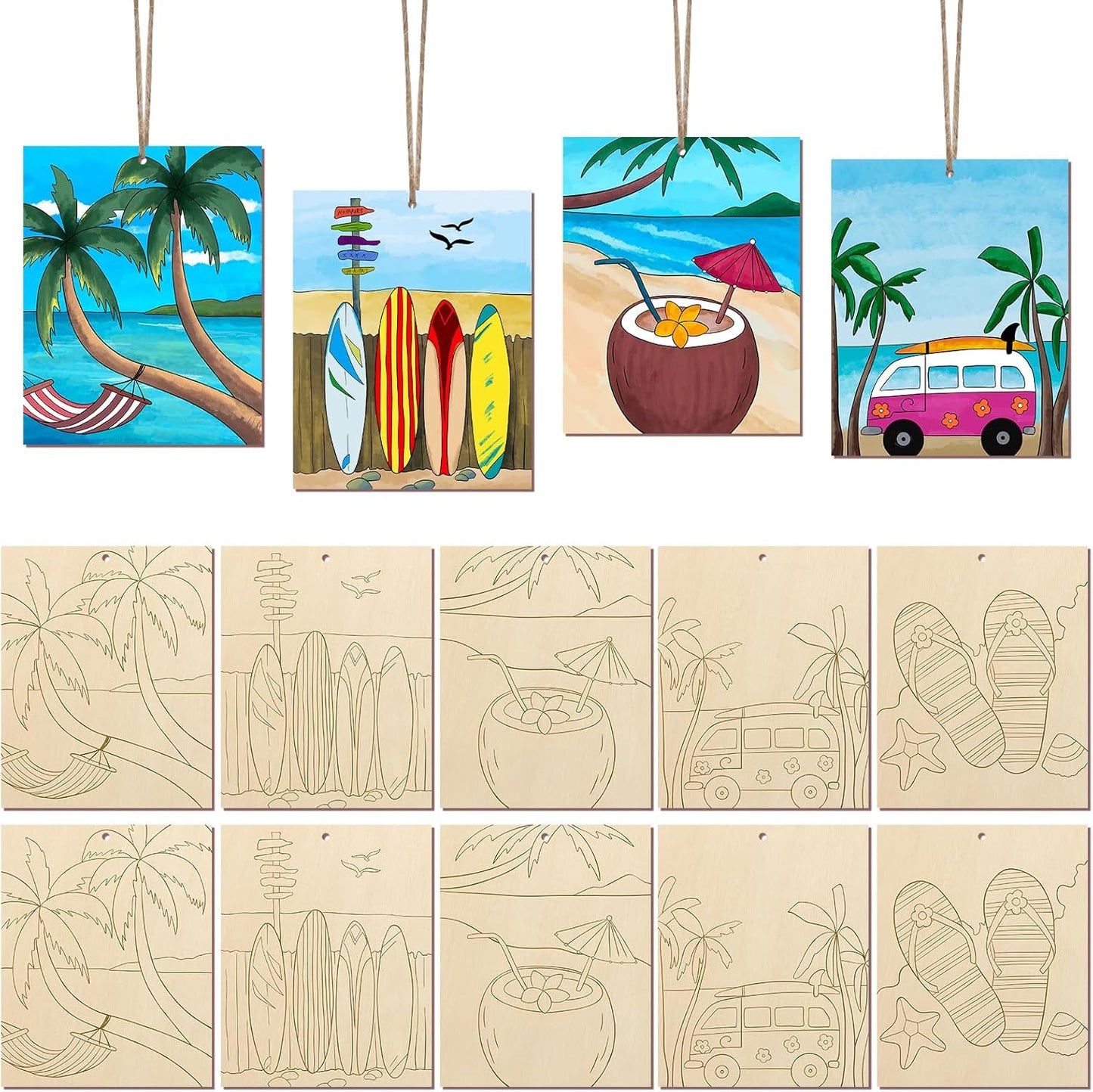 COCHIE 10 Pieces Large Summer Unfinished Wood Crafts to Paint for Adults and Kids, Bulk Predrilled Wooden Ornaments for Painting, Beach Paintable Wood Slices Craft Supplies with Ropes