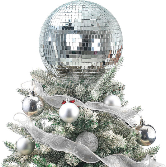 Retisee 8'' Disco Ball Christmas Tree Topper Disco Mirror Ball Xmas Tree Topper 3D Hollow Silver Decor Ornament for 70s Holiday Wedding Birthday Party Decorations