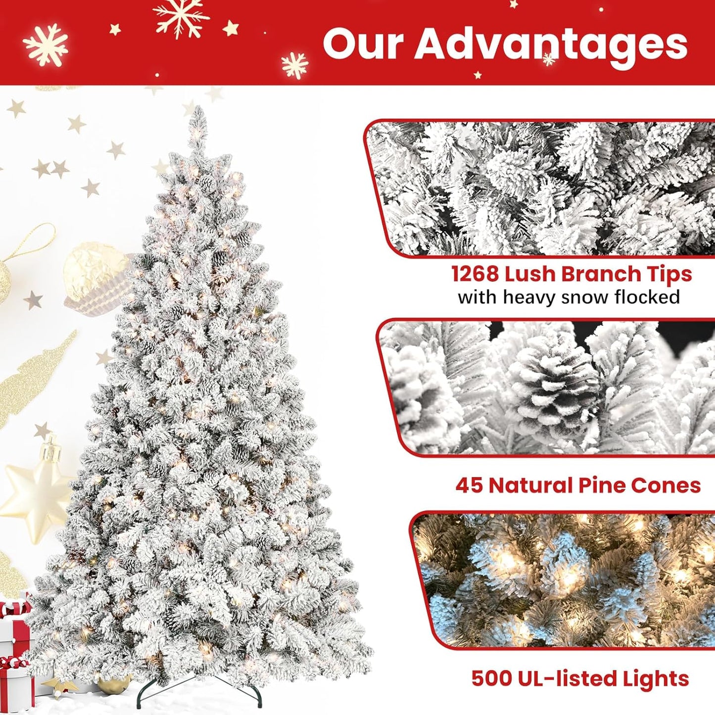 7ft Prelit Flocked Christmas Tree, Frosted Artificial Christmas Tree with 500UL Lights, Pine Cones & 1124 Tips, Auto Hinged Easy Setup Full Prelighted Fake Christmas Tree