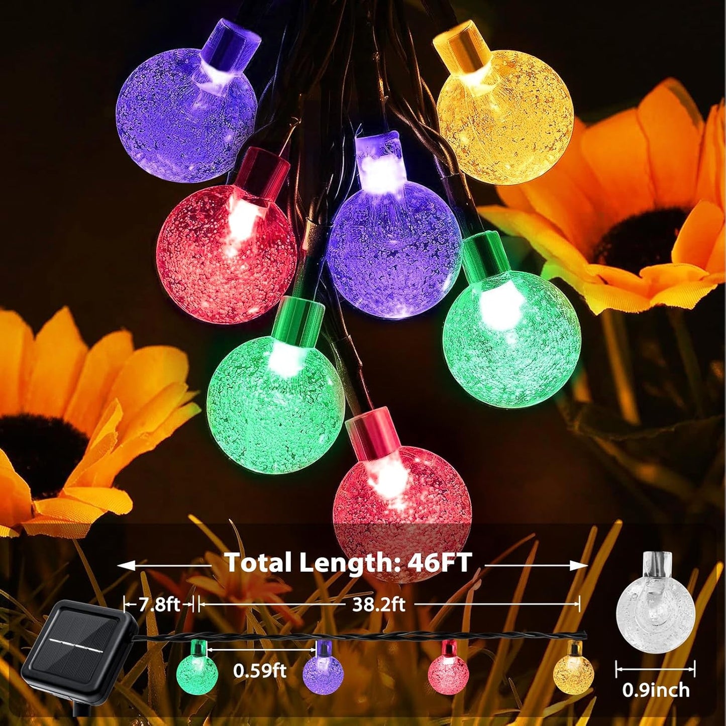 Outdoor Solar String Lights, 2x46FT 66LED 8Modes Crystal Color Solar Powered Christmas Fairy String Lights for Outside Yard Fence Easter Holiday Party Camping Porch Decor 2Pack(Multicolor)