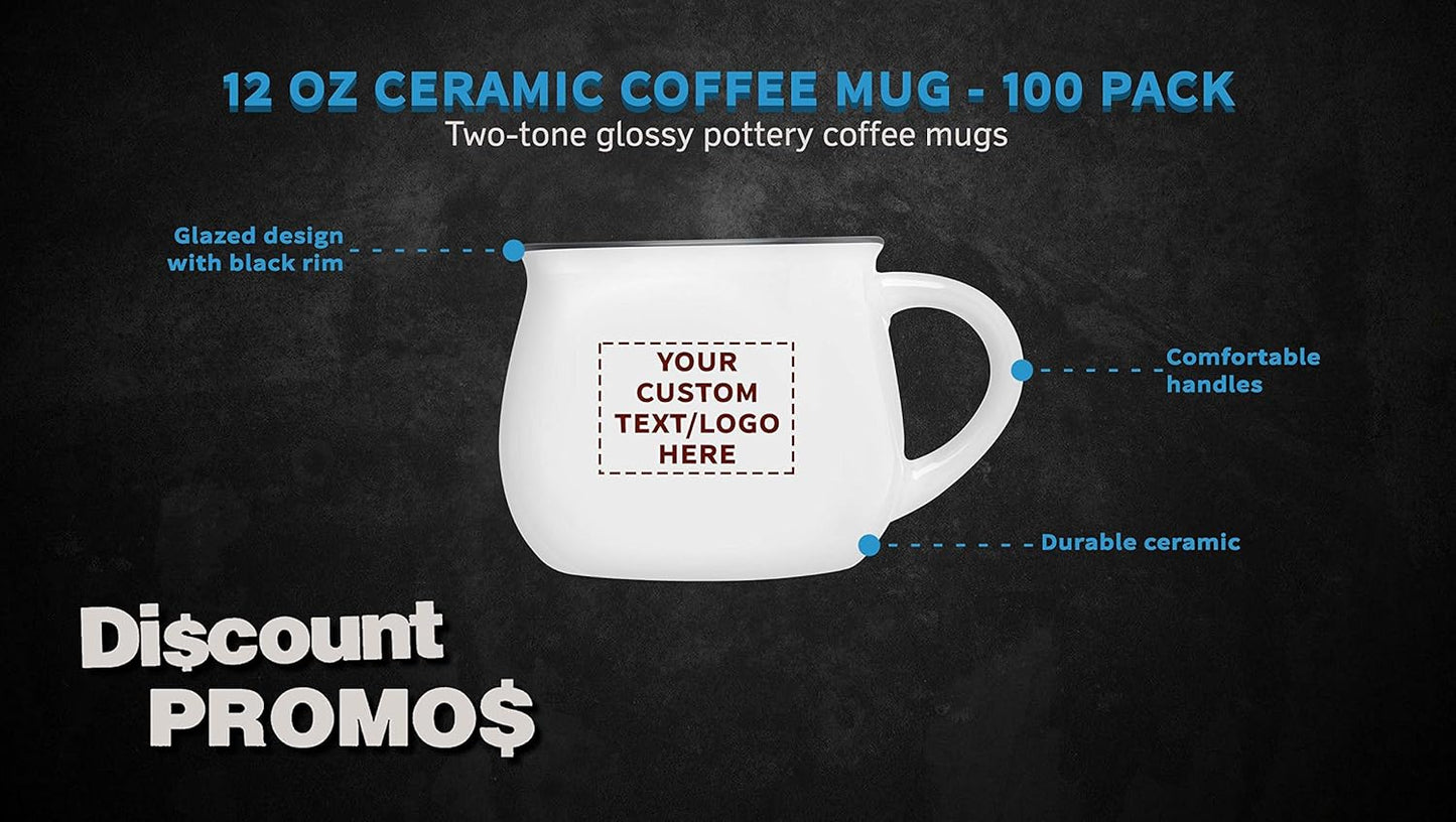 Custom Glazed Campfire Coffee Mugs 12 oz. Set of 100, Personalized Bulk Pack - Perfect for Coffee, Tea, Espresso, Hot Cocoa, Other Beverages - White
