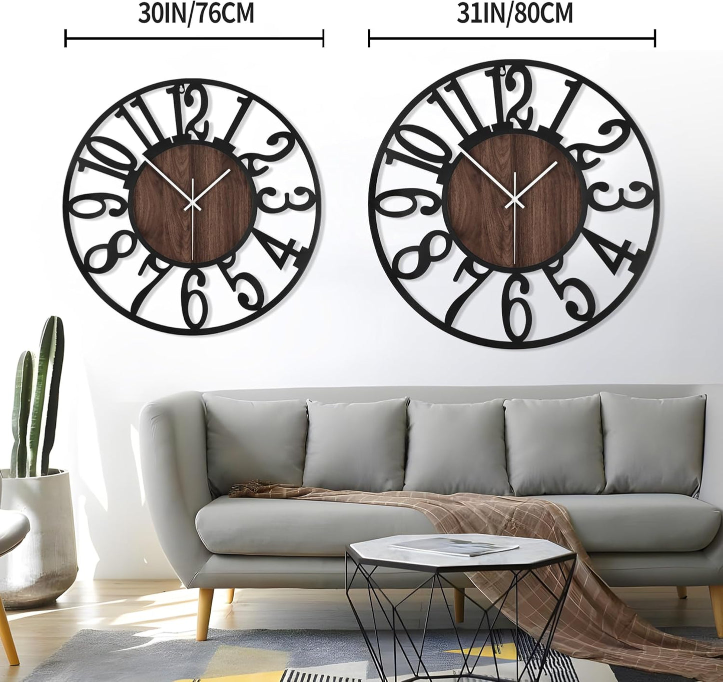LEIKE 30" Oversized Large Wall Clocks,Silent,Non Ticking,Battery Operated Modern Round Big Wood Decorative Metal Wall Clock for Living Room, Bedroom,Kitchen,Farmhouse,Office Decor - Black,30 Inch