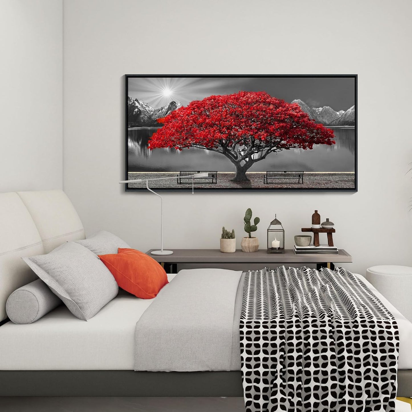 Framed Black and White Red Tree Wall Art Canvas Print Picture Large Red Tree Landscape Modern Artwork for Living Room Bedroom Office Home Wall Decor With 24X48inch