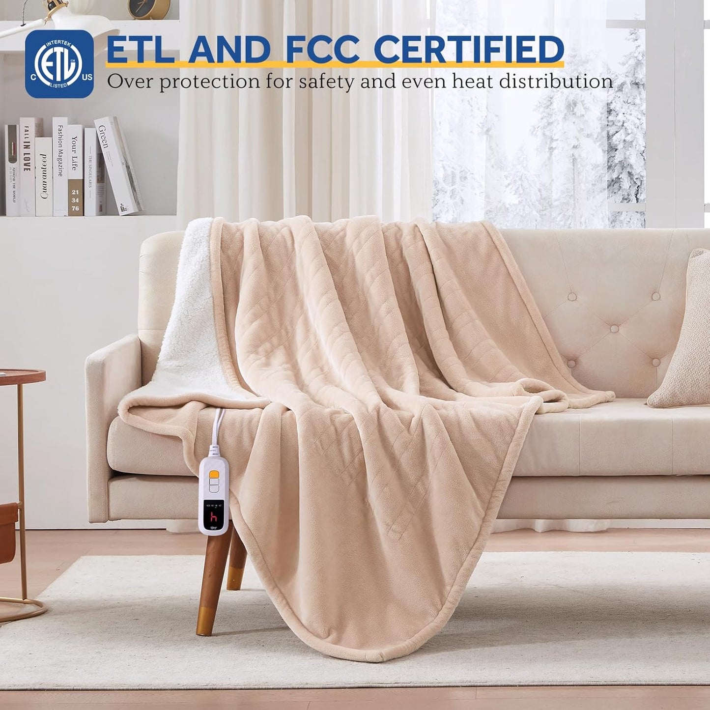 Sealy Electric Blanket Throw Size 50"*60",Super Cozy Flannel to Sherpa Reversible Heated Blanket Throw with 6 Heating Levels & 2-10 Hours Auto Off Overheating Protection Machine Washable,Beige