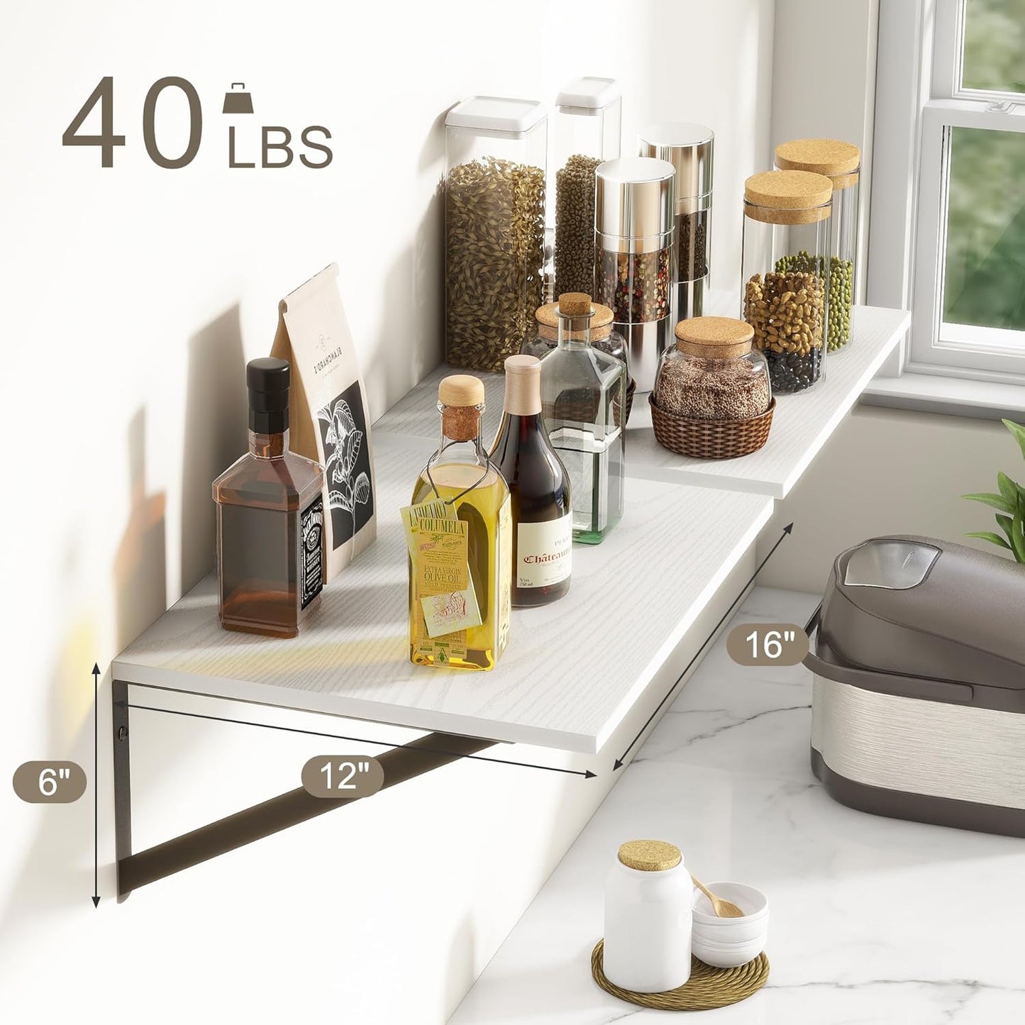 Fun Memories Floating Shelves Set of 2, 16" W x 12" D, White Ledges for Bedroom, Bathroom, 12" Deep Bookshelf Wall Mounted