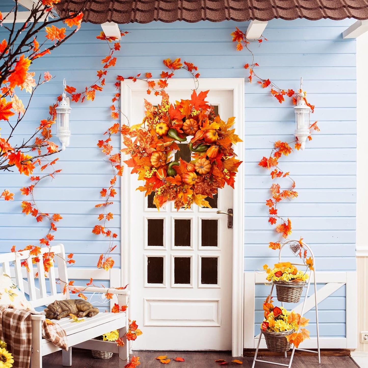 24 Inch Fall Wreaths for Front Door, Fall Decorations for Home,Fall Wreath,Autumn Wreath with Pumpkins Berries Maple Leaves for Thanksgiving Halloween Decorations Indoor Outdoor Outside Fall Decor