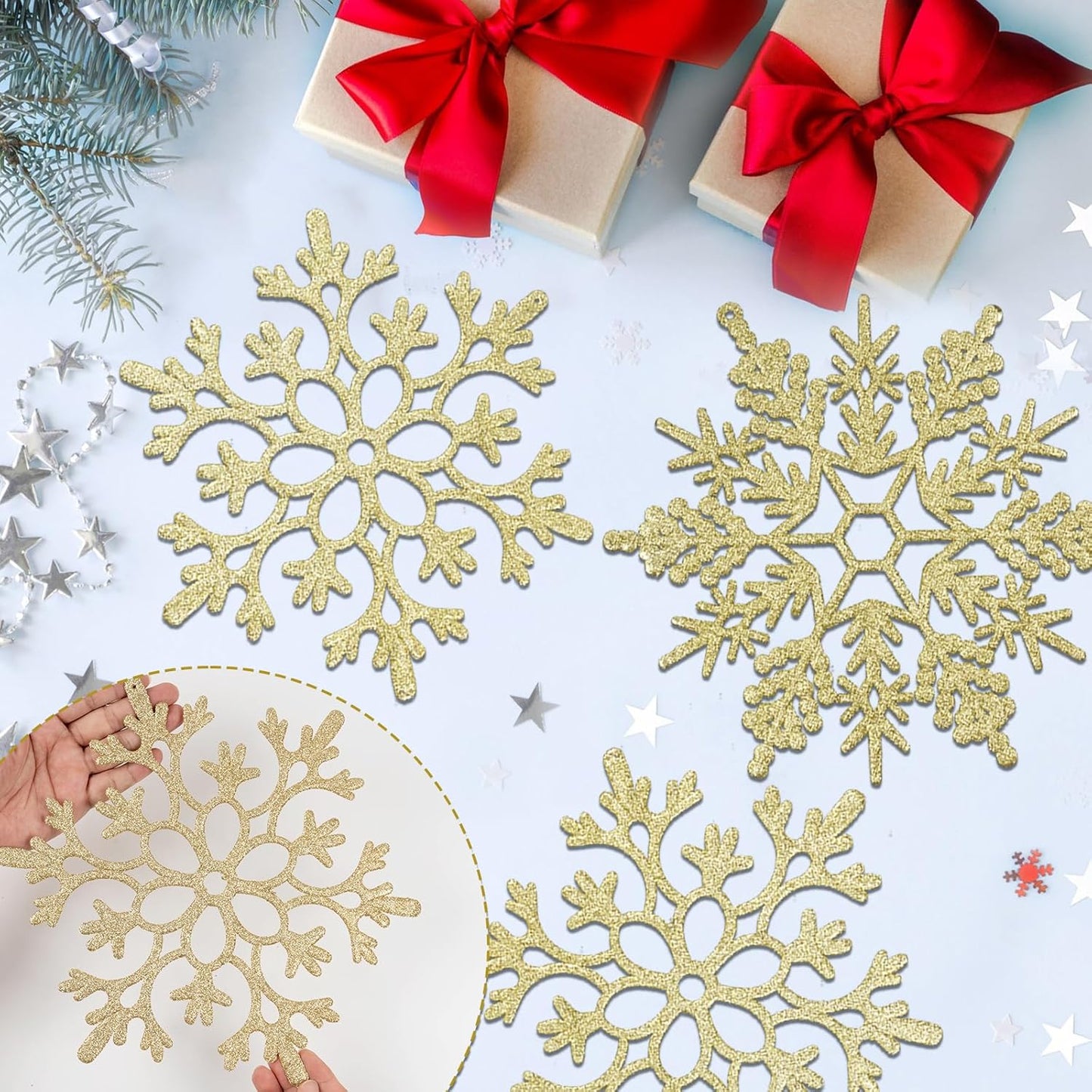 12pcs Large Christmas Snowflakes Decorations, 12" Big Plastic Glitter Gold Snowflake Ornaments for Winter Indoor Outdoor Christmas Tree Holiday Window Room Decor Craft Snowflakes