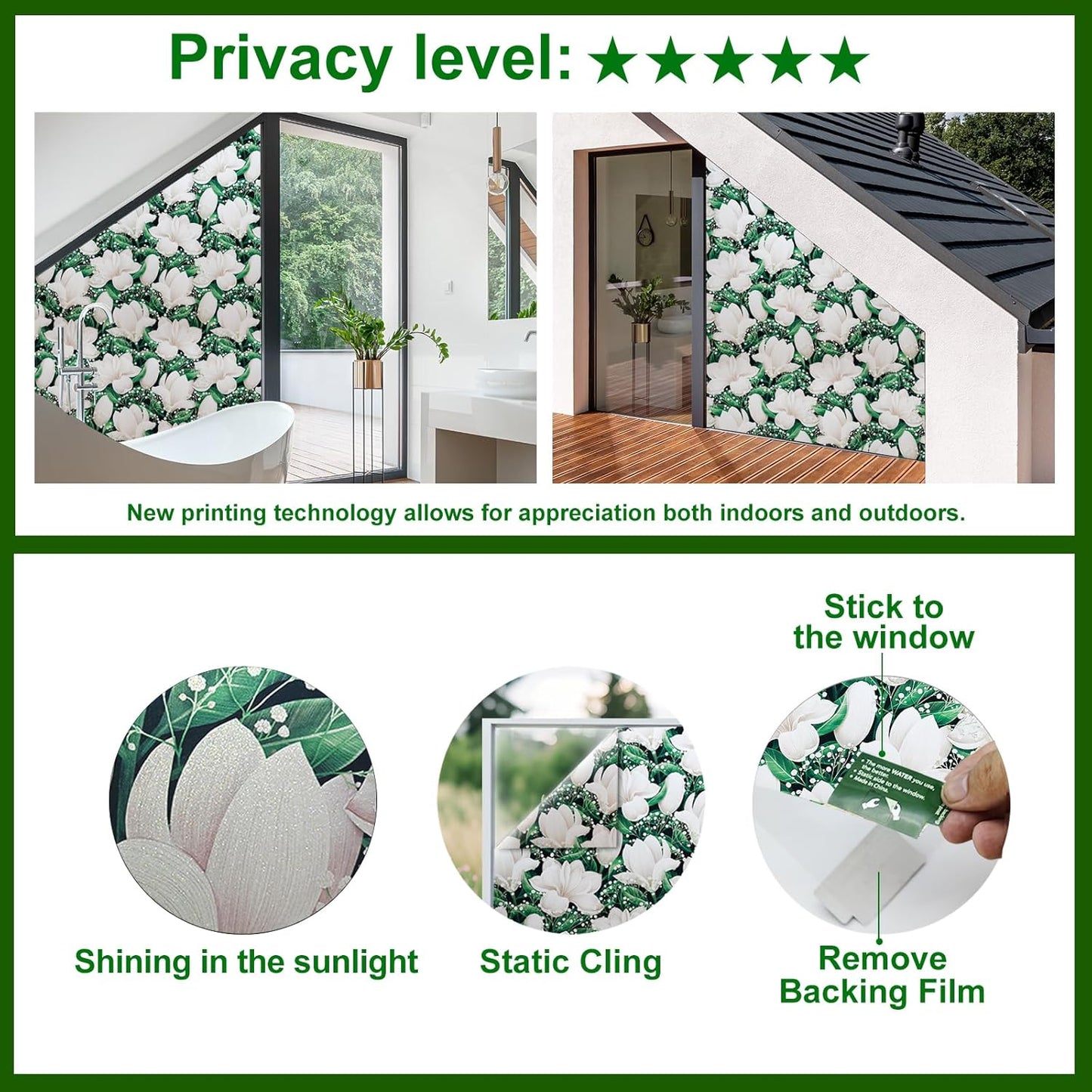 Window Privacy Film Stained Glass Decorative Static Clings Frosted Window Tint for Home Room Decor Bathroom Door Car Stickers with Glittering Effect, Removable(Magnolia Design)