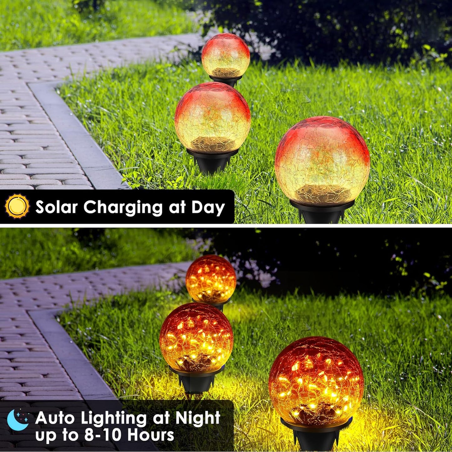2 Pack Garden Solar Lights Outdoor Decorative, 60 LED Gradient red Cracked Glass Solar Globe Lights, Upgraded Waterproof Ball Lights for Yard Pathway Patio Christmas Outside Decor, 4.73"