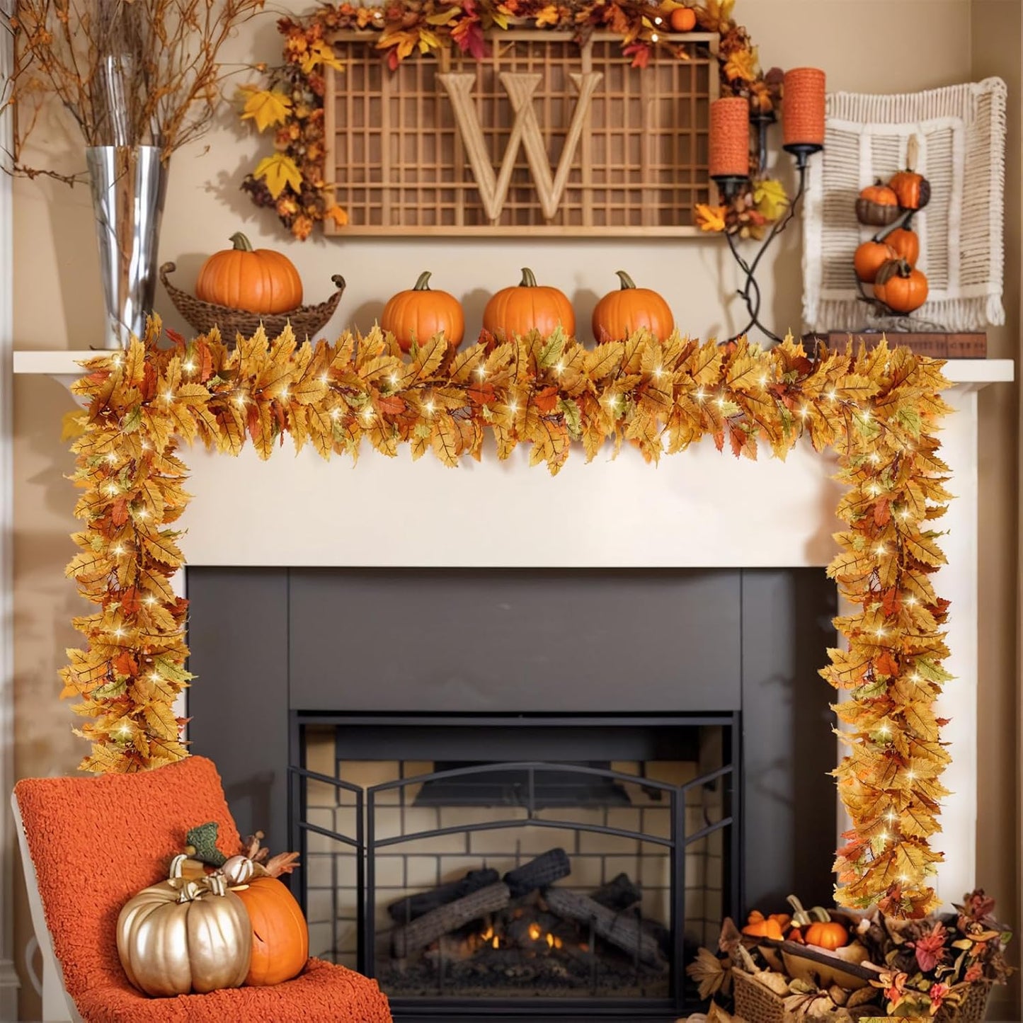 2PC Realistic Fall Garland for Mantle 6FT Fall Leaves Garland With Lights/Timer Fall Decorations for Home Porch Fall Leaf Garlands Autumn Decor for Thanksgiving Outdoor Fireplace Wedding Hanging Table