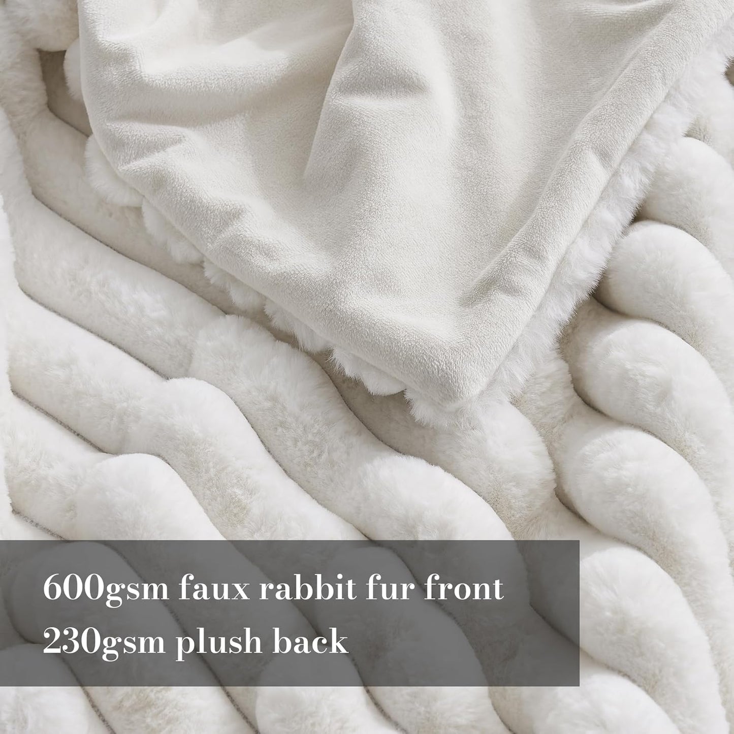Amélie Home Faux Fur Throw Blanket for Couch, Cozy Fuzzy Fluffy Fur Luxurious Soft Striped Plush Gift Blankets for Family Sofa Chair Bed Living Room Bedroom, 60"x80", Ivory