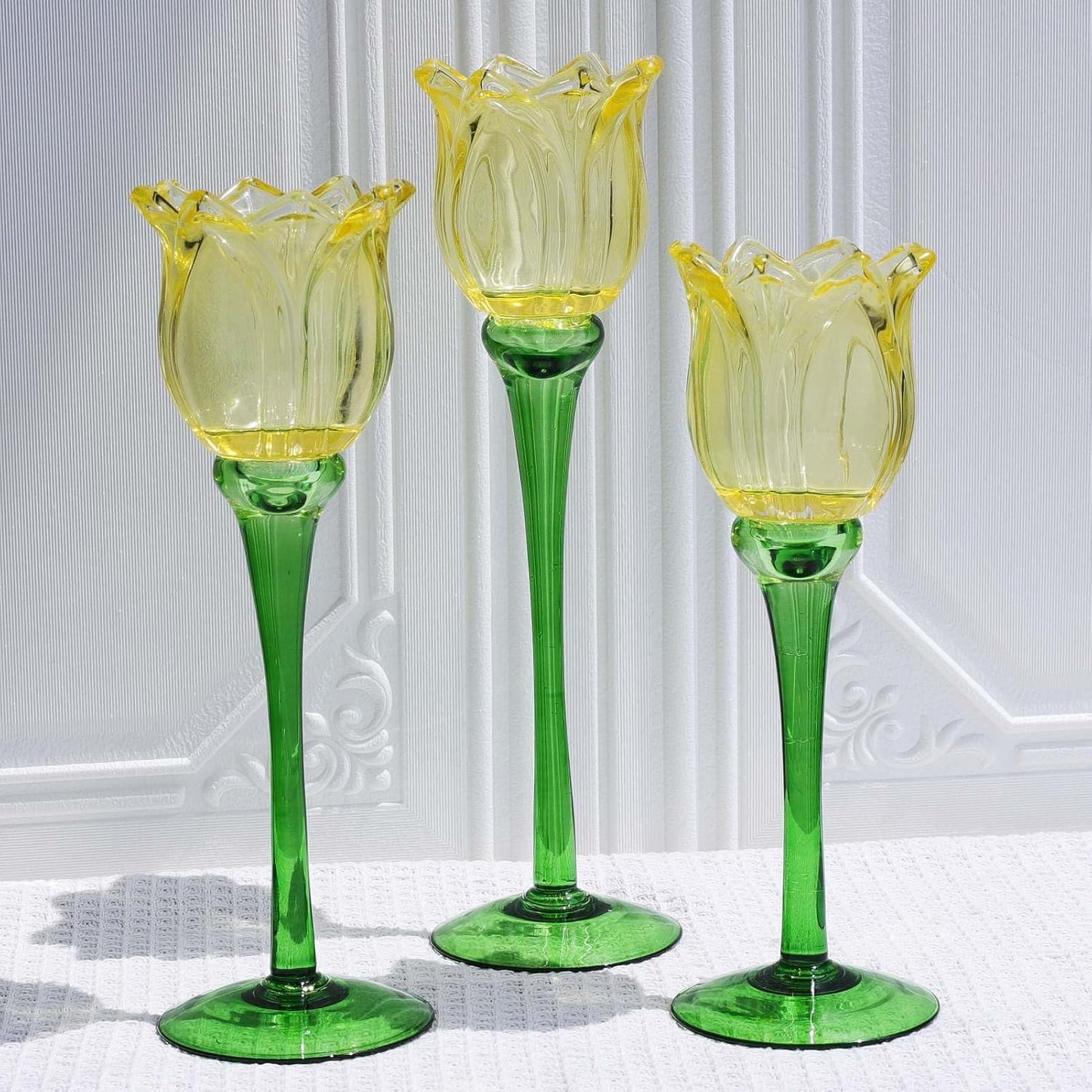 VOHO Yellow Tulips Candle Holders for Modern Home Decor, Bright Yellow Tealight Candle Holder Birthday Gifts for Women Friends, Tulip-like Tea Lights Candle Holder for Party Table Centerpiece(Set of3)