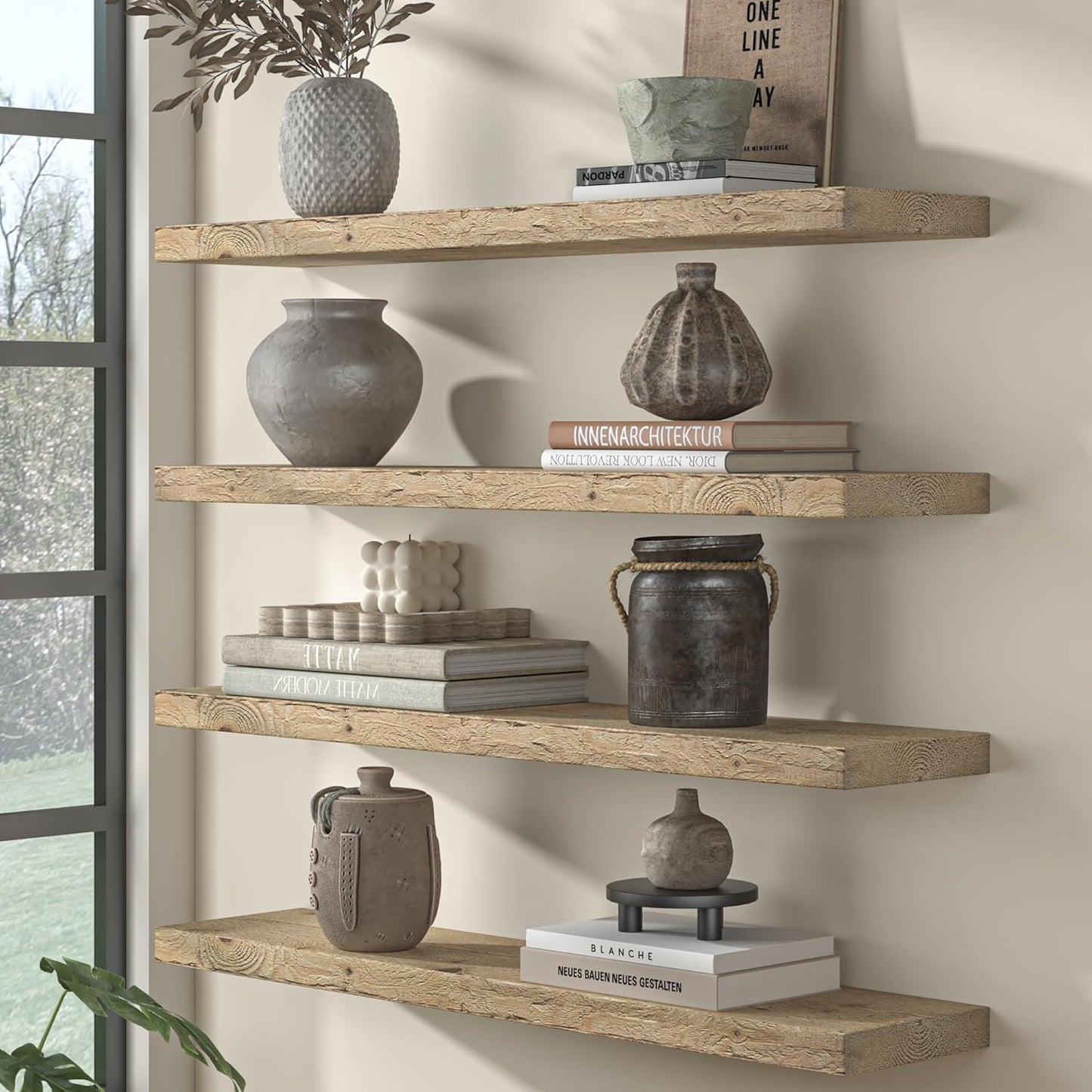 Fun Memories Floating Shelves for Wall Decor, 40"x8" Rustic Reclaimed Wood Shelves, Heavy-Duty Wall Mounted Shelves with Invisible Brackets, Set of 2for Living Room, Bedroom, Kitchen, Natural Finish