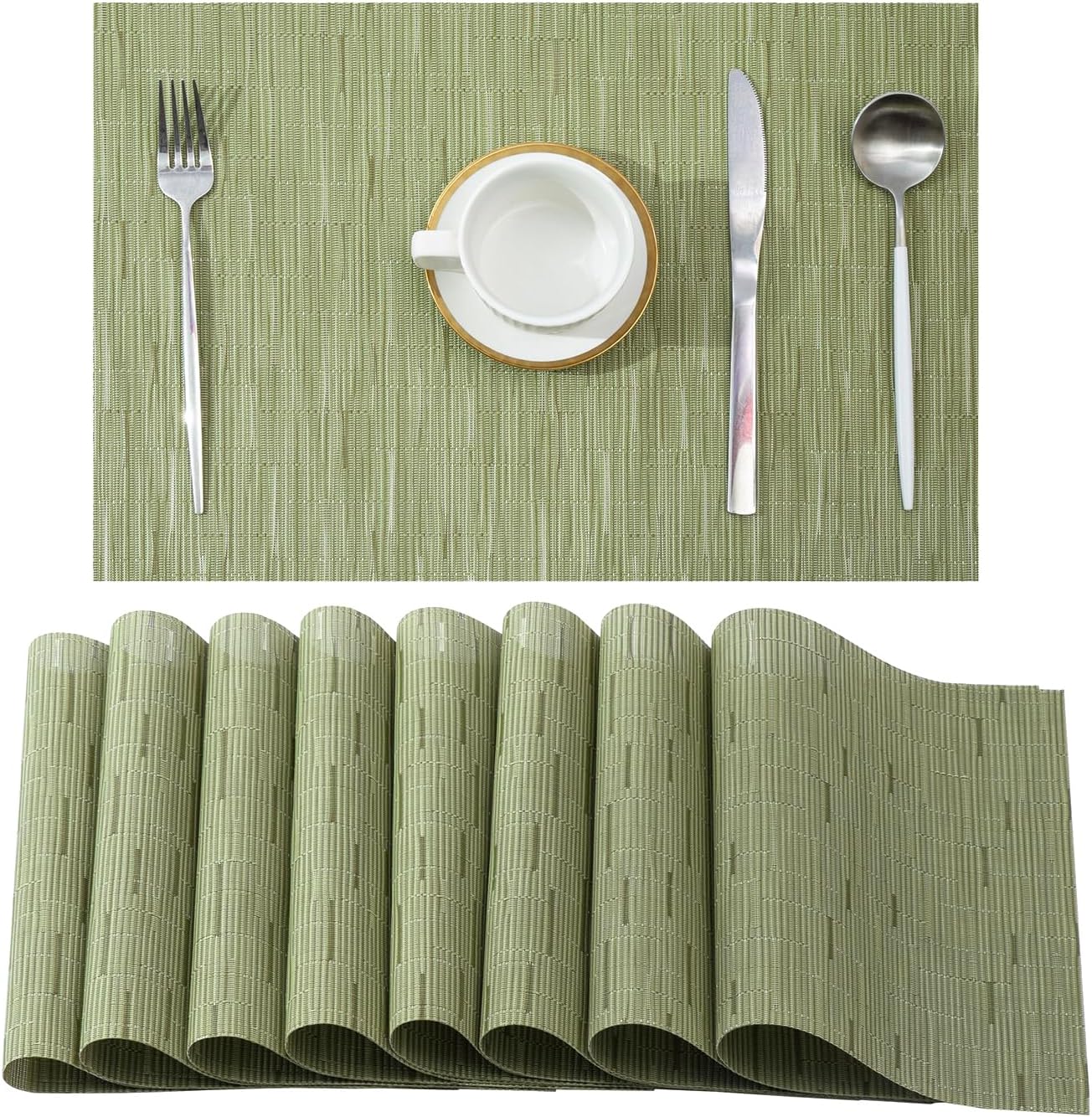 Leetaltree Pea Green Placemats Set of 8 - Heat Resistant Non-Slip Place mats for Dining Table, Washable Durable PVC Vinyl Woven Table Mats（Pea Green, 8）
