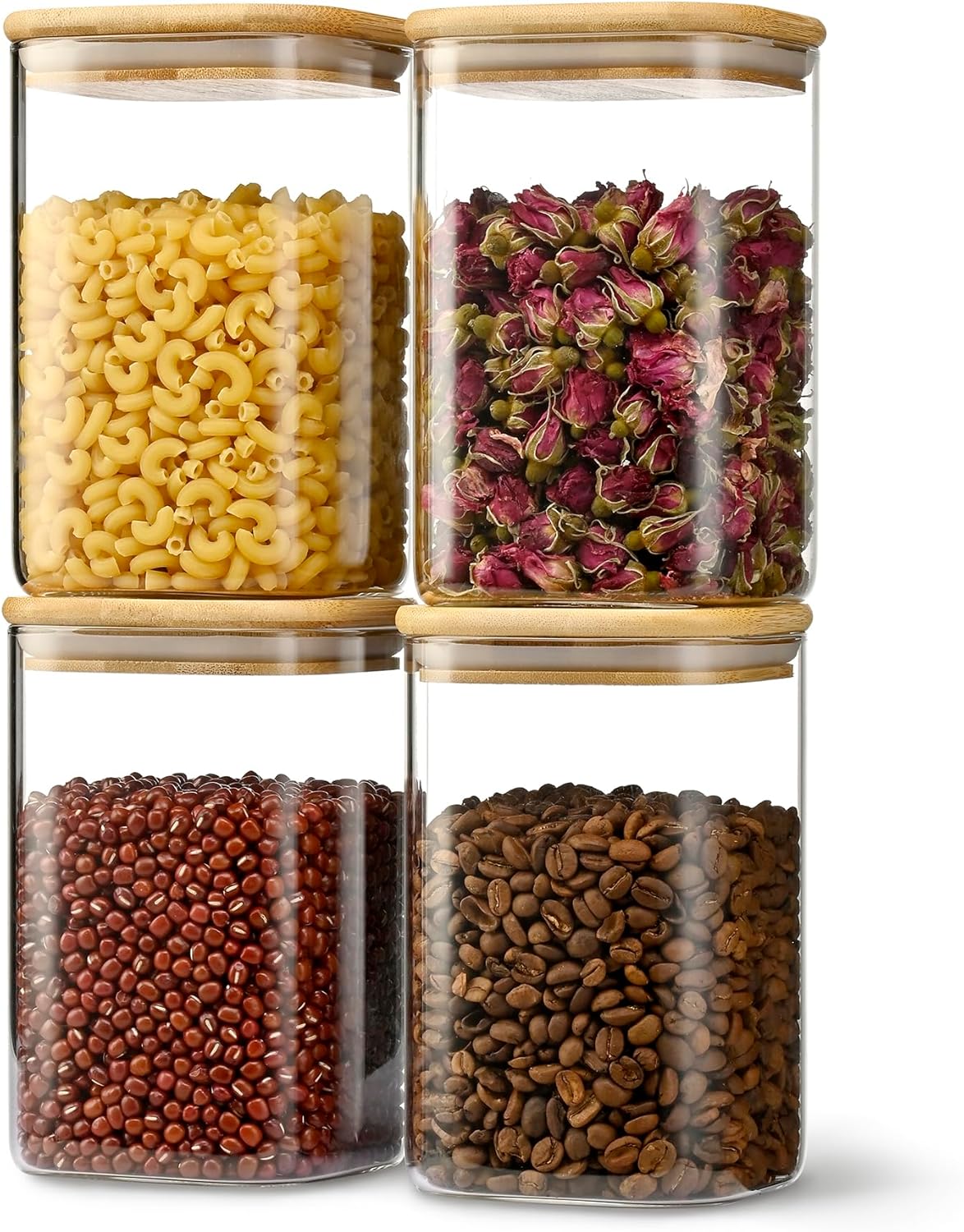 41oz Airtight Glass Square Storage Canister with Bamboo Lid Set of 4 (1200ml) Container Stackable Jar, Kitchen Canister for Pantry Noodles, Flour and Coffee beans (‎with Black Lable)